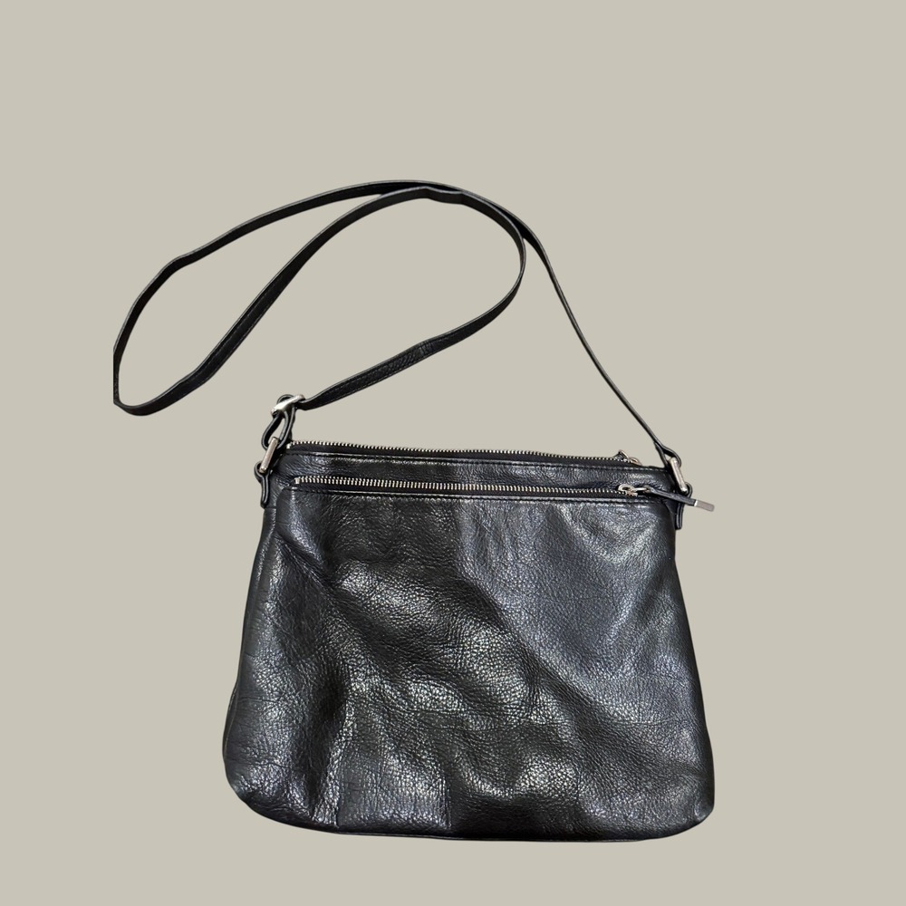 Margot Black Pebbled Leather Crossbody Bag Multi Zip Shoulder Purse Silver Tone